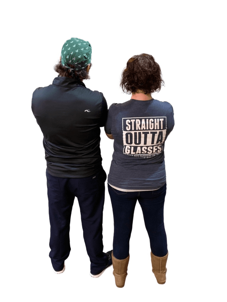 LASIK patient wearing a Straight Outta Glasses shirt, back view